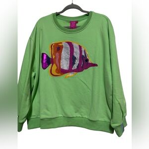 QUEEN OF SPARKLES Green Fish Sequin Sweatshirt NWT size S
